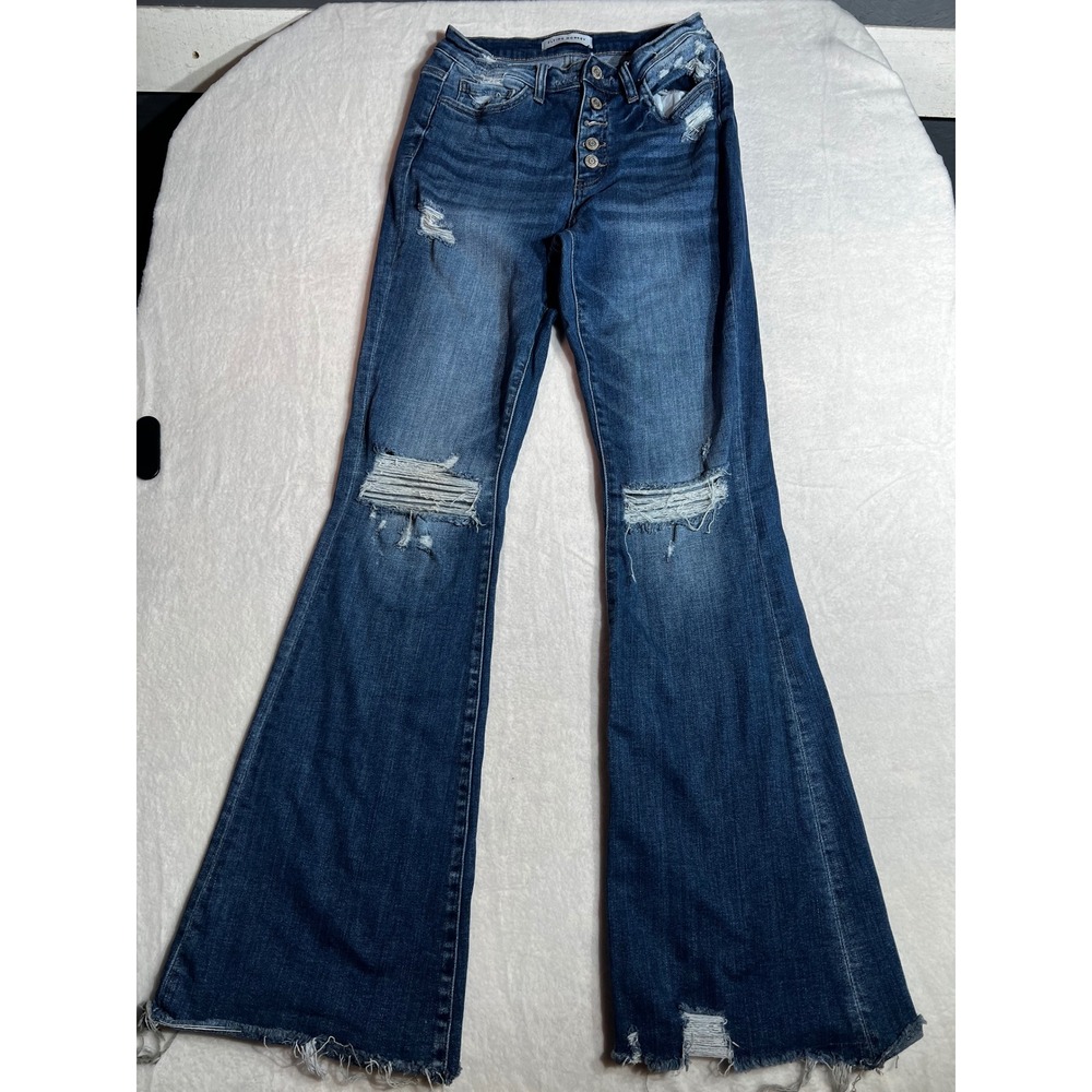 Flying Monkey Womens Distressed High Rise Flare Jeans Button Fly Blue F4088FHL
